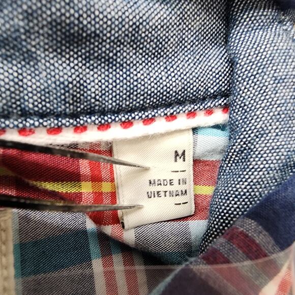 HAWKER RYE Shirt Men M Blue Red Plaid Essential Wash Short Sleeve Stretch Cotton - Picture 4 of 10